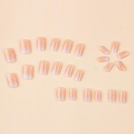 Ombre Press on Nails Short Square Fake Nails with Designs Gradient Pink White Glue on Nails Cute Full Cover Nude False Nails Reusable Glossy Summer Stick on Nails for Women Girls Manicure 24Pcs