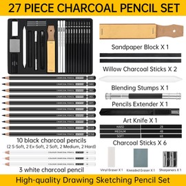 GETHPEN 27 Piece Charcoal Drawing Set - Professional Black & White Charcoal Pencils for Sketching, Shading & Blending, Graphite Sticks with Artist Art Supplies Kit (Beginners & Professionals)
