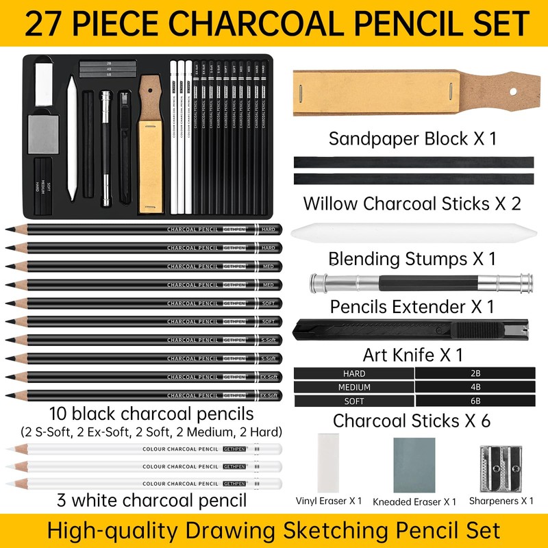 GETHPEN 27 Piece Charcoal Drawing Set - Professional Black &