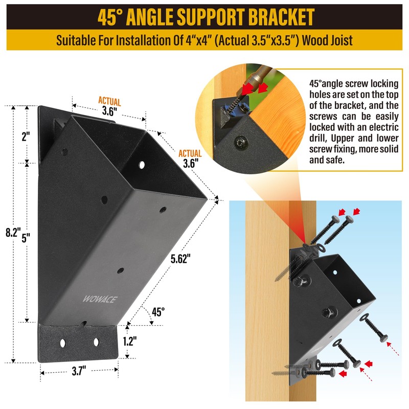 WOWACE 2pcs 45 Degree Angle Support Brackets, 4x4 (Actual 3.5''x3.5'')