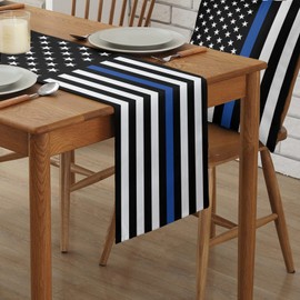 Durable Fabric Table Runner,Blue Line American Flag Honoring Men and Women of Law Enforces Washable Linen Table Runners for Home/Kitchen/Dining Table/Indoor & Outdoor Decor 13x120 inch