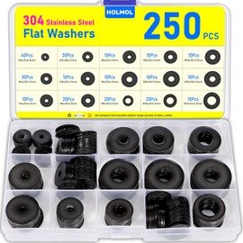 HOLMOL Washers 250PCS, Black Flat Penny Washers, Stainless Steel Washer for Screws & Bolts with 15 Sizes M3 M4 M5 M6 M8 M10 M12, Flat Metal Washer Assorted