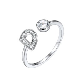 SILVERCUTE Open Ring Silver 925 Women's A-Z Letter Ring 925 Sterling Silver Initial Rings with Zirconia Adjustable Alphabet Rings Women Finger Ring Wedding Rings Fashion Jewellery for Birthday,