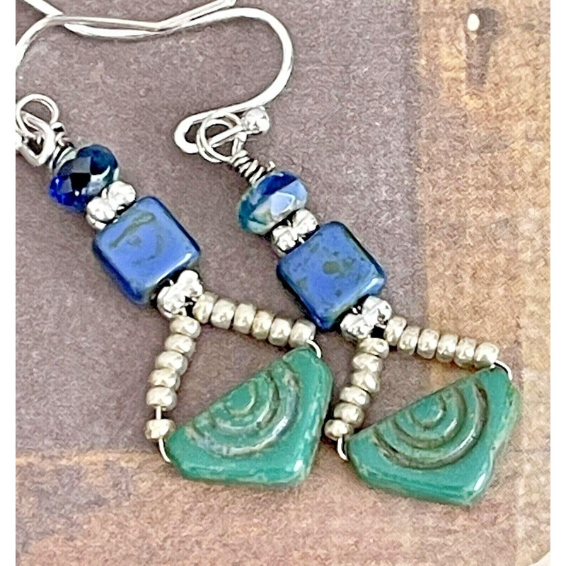 Silver, Vibrant Blue and Green Czech Beaded Earrings. Jewelry Earrings