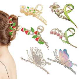 Cysincos 6 Pinzas para El Pelo para Mujer, Pinzas para El Pelo de Mariposa de Metal Grandes Y Fuertes, Pinzas para El Pelo con Flores para Mujer, Pelo Grueso 6 Unidades (Paquete de 1) Clips En A