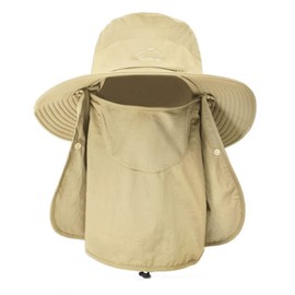 SZETOSY Wide Brim Mesh Sun Hat Removable Neck and Face Flap UPF 50 UV Protection Unisex Outdoor Hat for Cycling Fishing Hiking Boating Gardening, khaki