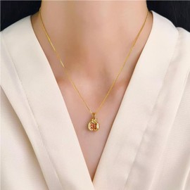 KOFISNI Pomegranate Earrings Pomegranate Necklace for Women 18K Gold Plated Red Pomegranate Rhinestone Pendant Necklace Hoop Earrings Jewelry Set, 45cm, Brass, No Gemstone