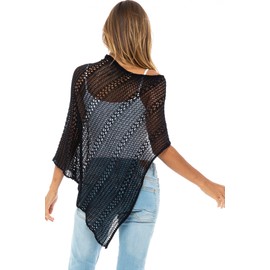 Back From Bali Womens 100% Cotton Knit Poncho Sweater Lightweight Artisan Black Summer Shrug Shawl