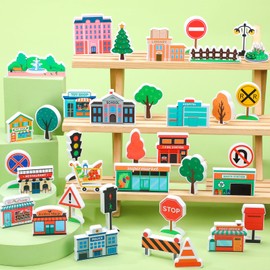 Kathfly 36 Pcs Wooden Community Helpers Community Wooden Toy Preschool Little Professionals Buildings Block Set Multicultural Buildings, Creative Play for Social Learning Educational Model