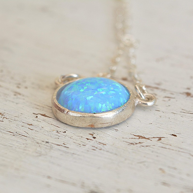 Blue Opal Pendant Necklace Sterling Silver Gemstone Circle 10mm Opal