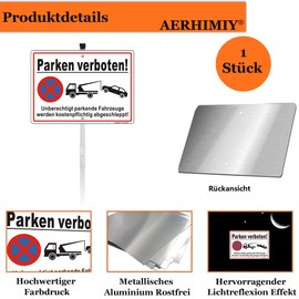 XL Sign Parking Prohibited Aluminium Reflective 25 x 35 cm with 70 cm Posts and Accessories, UV-Resistant, Waterproof, Rustproof, with Drill Holes, White