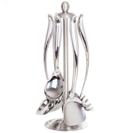 304 Stainless Steel Cooking Utensils Set with Holder, 7-Pieces All Metal Kitchen Utensils with Rotating Stand, Spatula, Soup Ladle, Skimmer Spoon, Slotted Spatula Tunner, Spaghetti Spoon, Large Spoon
