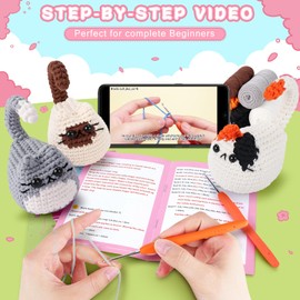 Cat Crochet Kit for Beginners-3PCS Cats Crochet Kits for Adults Kids, Crochet Starter Kit with Step-by-Step Video Tutorials,Crochet Animal Kits Knitting Kit DIY Craft Learn to Crochet Kits for Adults