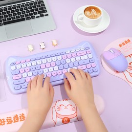 Cute Cat Keyboard and Mouse Combo, 2.4G Wireless Keyboard and Mouse Set, Compatible with Notebook, PC,Laptop,Tablet,Computer Windows(Multicolor Purple)