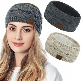 JFAN Women's Winter Knitted Headband Fluffy Soft Ear Warmers Pack of 2 Grey + Beige