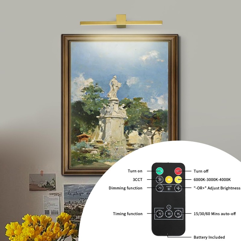 Pasoar Brass Battery Operated Picture Light with Remote,Wireless Gallery Lights