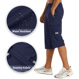 EKLENTSON Mens Cargo Shorts Elasticated Waist Lightweight Quick Dry Hiking Cargo Shorts Water Resistant Walking 3/4 Shorts with Zip Pocket Navy,34