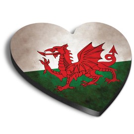 1x Heart MDF Magnet 6cm - Distressed Wales Welsh Dragon Flag - Fridge Locker Office Whiteboard Toolbox #56016
