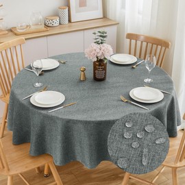 SPRICA Round Tablecloth 160cm Diameter Water Resistant Linen Texture Spill Proof Table Cover Solid Colour Circle Cover, Dark Grey