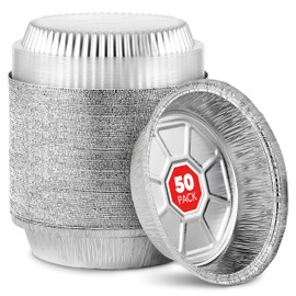 Stock Your Home 7 Inch Round Aluminum Pans with Lids (50 Pack) Disposable Foil Pan with Clear Dome Top, To Go Pie Tins, Containers for Baking or Take out Food