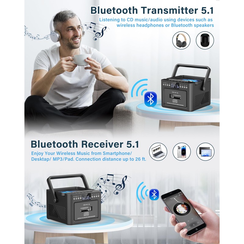 Boombox Cassette CD Player Bluetooth5.1 with 5000mAh Battery,5W Dual Stereo