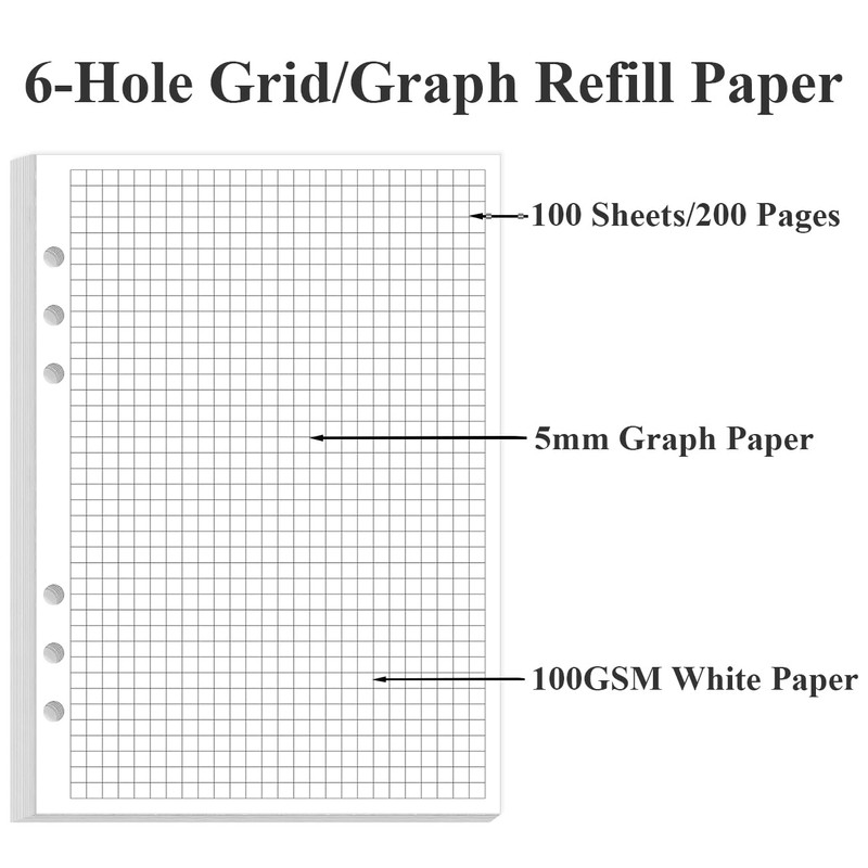 A5 Grid Refill Paper, 6-Hole Graph Paper, 100Sheets / 200Pages