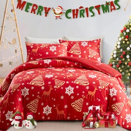 Nayoroom Christmas Comforter Set King Size Red Reindeer White Snowflake Bell Printed Reversible Comforter 3Pcs Xmas Theme New Year Holiday Bedding Set with 2 Pillow Shams