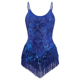 Sequin Fringe Bodysuit for Women Sparkly Tassel Romper Leotard Latin Jazz Dance Trapeze Artist Acrobat Costume Rave Outfits, Royal Blue, X-Large