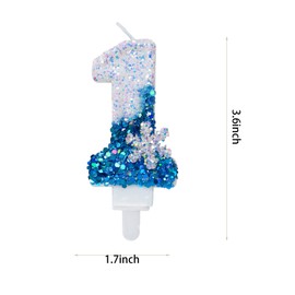 Blue Birthday Candles 1, Blue and White Glitter Birthday Number 1 Candles with Snowflake Party Supplies