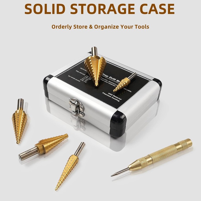 5PCS Titanium Step Drill Bit Set with 1 Automatic Center