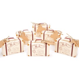 VGOODALL 120 Pcs Mini Suitcase Favor Box Party Favor Candy Box, Vintage Kraft Paper with Tags and Burlap Twine for Wedding/Travel Themed Party/Bridal Shower Decoration