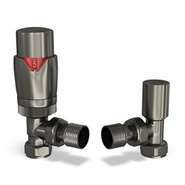 UK Radiators Thermostatic Radiator Valve (TRV) - 15mm Angled Lockshield - Old Style Pewter Colour - Energy Saving 1/2" x 15mm Brass Angled Valve