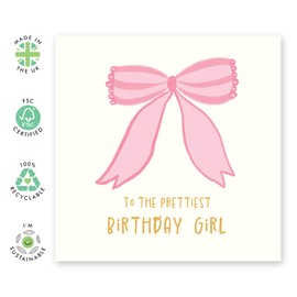 Cute Pink Bowtie Birthday Card - 'Prettiest Birthday Girl' - Gifts for Daughter, Niece, Granddaughter, Cousin, Little Sister, Kids - Pretty - Comes with Fun Stickers