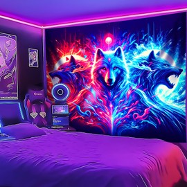BVBOX Blacklight Tapestry,Animal Tapestry Glow In The Dark,UV Reactive Black Light Upright Posters Wall Hanging for Bedroom Dorm Living Room Backdrop Decor (Wolf, 59L x 51W)