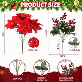Thiccywoov 2 Sets Christmas Artificial Cemetery Flowers with Vase for Grave Christmas Velvet Red Poinsettias Berry Bouquet Graveyard Memorial Flowers for Xmas Winter Headstones Cemetery Decor
