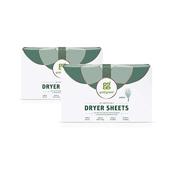 Grab Green Dryer Sheets, 160 Sheets, Vetiver Scent, Plant and Mineral Based, Compostable, Softens Fabrics, Reduces Static Cling and Wrinkles