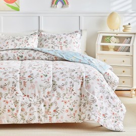 Joyreap 3pcs Floral Cotton Comforter Set for Girls, Flowers White n Blue Reversible Design, Queen Size Soft n Cozy Kids Bedding Comforter for All Season- 88x88 inches