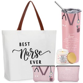 Skylety 4 Pcs Nurse Gift for Women 20oz Tumbler Tote Bag Makeup Bag Lavender Scented Candle Nursing School Thanksgiving Christmas Appreciation Gift for Rn LPN LVN Practitioner(Pink)