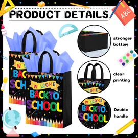 Yizeda 16Pcs Back To School Party Favor Bags Colorful Pencil Flag Decorative Non Woven Treat Bags with Handles for First Day of School Party Gift Wrapping Supplies