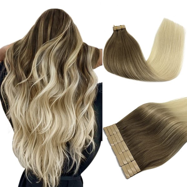 DOORES Tape-In Remy Hair Extensions, Sand Brown to Platinum Blonde, 50 cm (20 Inches), 50 g, 20 Pieces, Remy Real Hair Extensions, Tape, Straight Hair, Skin Weft