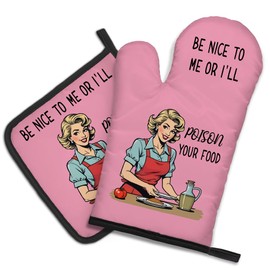 DYJYBMY Be Nice to Me Or I'll Poison Your Food Funny Oven Mitts and Pot Holder Set, Vintage Pink Kitchen Gadgets for Women, Baking Gifts for Mom Sister BFF Chef Friend Hostess Housewarming Gifts