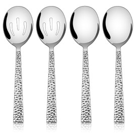 E-far Hammered Serving Spoons, 4-Piece Stainless Steel Serving Utensils Set - Solid Spoons x 2, Slotted Spoons x 2, Metal Hostess Serving Tablespoons for Catering Buffet Party Kitchen Restaurant