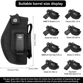 Gun Holsters For Pistol 9mm IWB/OWB Fit: Glock 19 17 43x- Taurus G3C G2C- Sig Sauer - S&W M&P Shield 9mm - Ruger - Colt 1911 - Springfield ... For 3.1'' - 4.7'' Barrel Pistol with Mag Pouch Right/Left