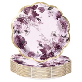 WRAPAHOLIC 25Pcs Floral Paper Plates - 9 Inch Beautiful Purple Floral Disposable Plates Decorative Dinner Plates for Party Tableware Supplies Table Decor