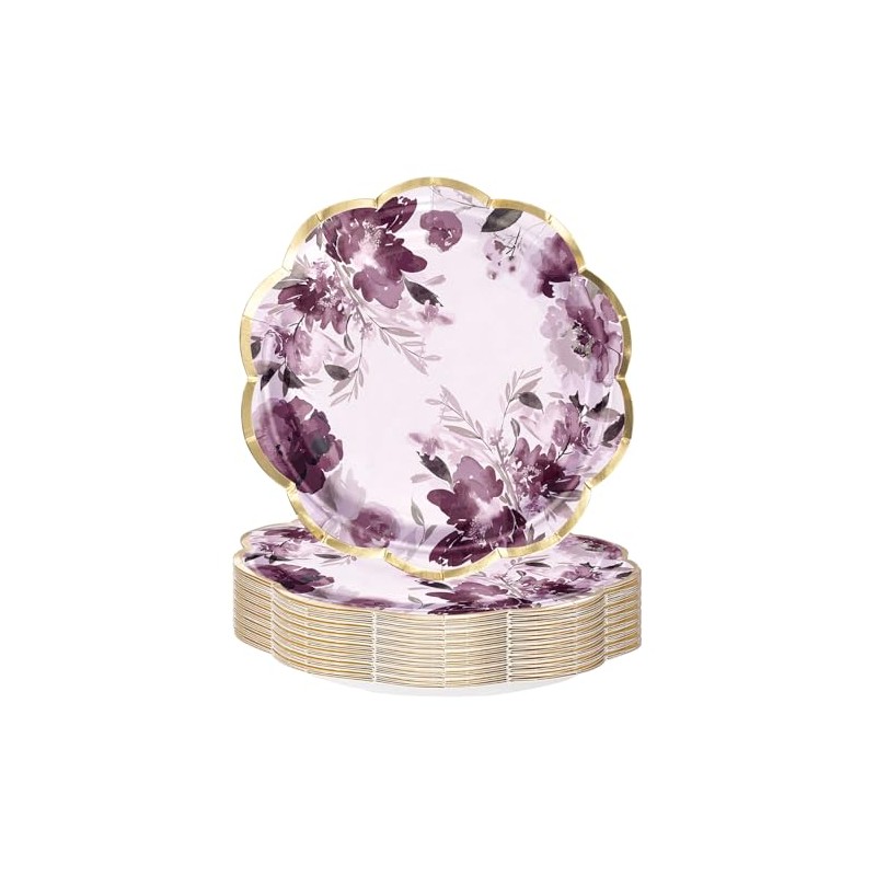 WRAPAHOLIC 25Pcs Floral Paper Plates - 9 Inch Beautiful Purple