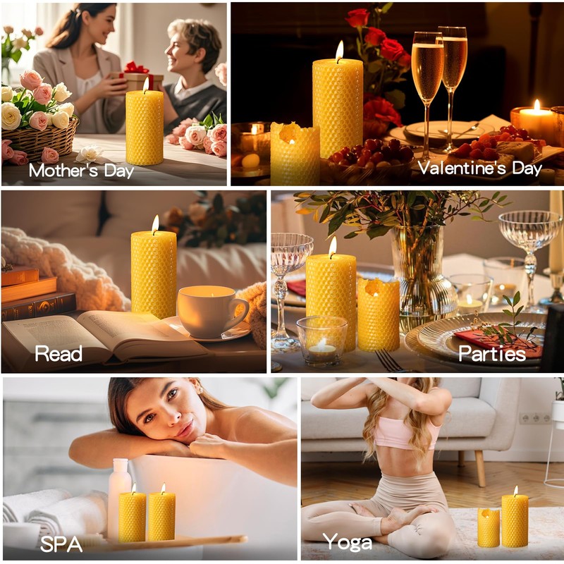 3 Pack Natural Beeswax Pillar Candles,Handmade Pure Beeswax Rolled Candle-60