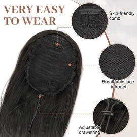 KooKaStyle Ponytail Extensions, 22 inch Natural Black Long Drawstring Wavy Clip in Ponytail Hair Extensions Layered Synthetic Hairpiece for Women
