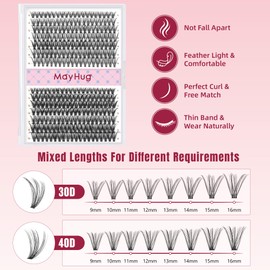Mayhug Cluster Lashes D Curl Individual Lashes 280pcs Lash Clusters 30D 40D DIY Eyelash Extension 9-16mm Mix Tray Eyelash Clusters Extensions Self Application at Home (3040D|D-Mix9-16)