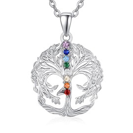 TANGPOET 7 Chakra Necklace for Women Sterling Silver 925 Lotus Flower Pendant with Healing Stone Spiritual Om Chakras Jewellery Gift for Yoga Lovers with 18 Inch + 2 Inch Chain, Sterling Silver, Cubic