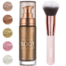PHOERA Body Shimmer Oil,Waterproof Long Lasting Moisturizing Body Luminizer Glow Body Illuminator Highlighter for Face with Makup Bursh, 1oz/Jars (103 Glistening Bronze)